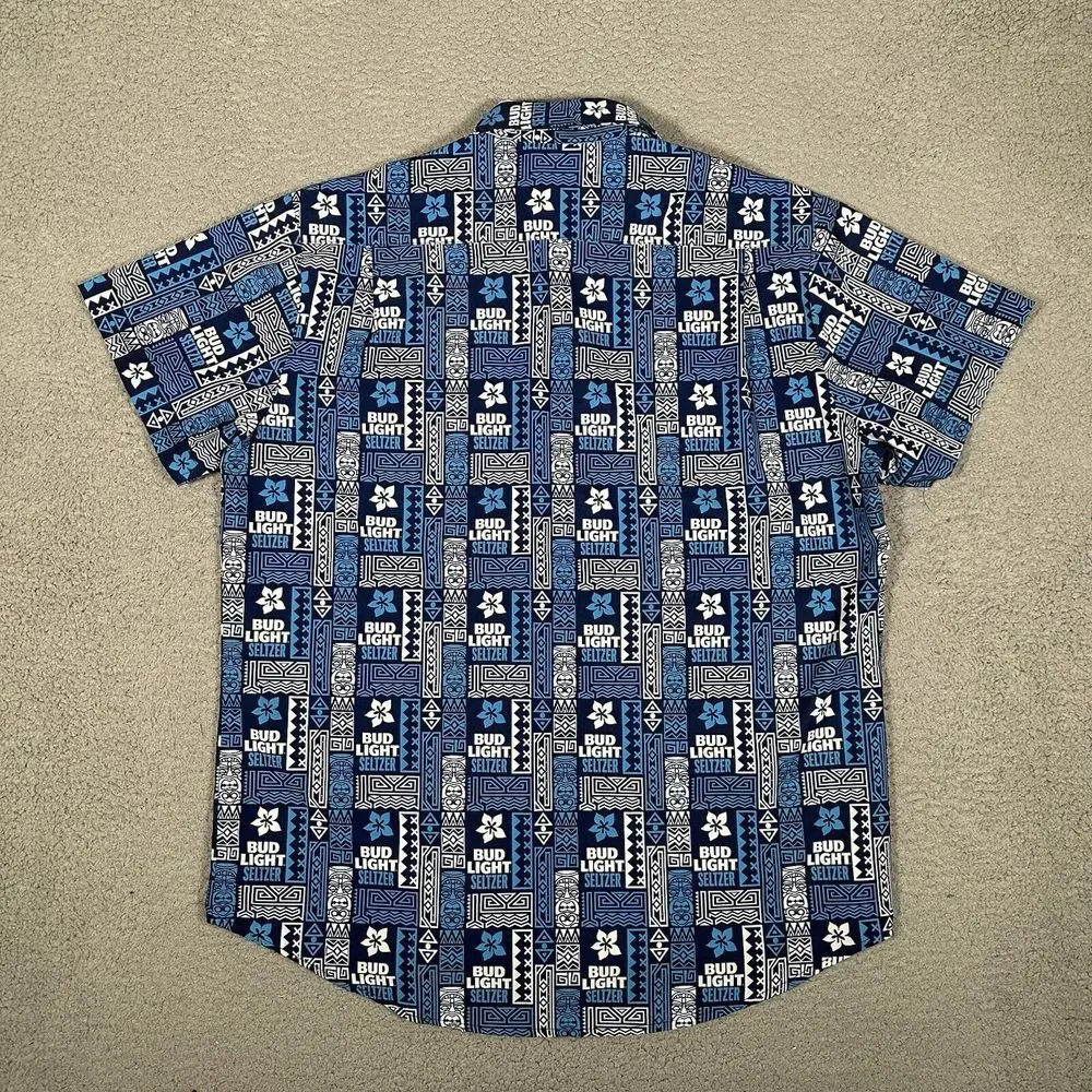 Bud Light Seltzer Shirt Mens Medium Blue‎ Hawaiian Tiki All Over Print Polyester